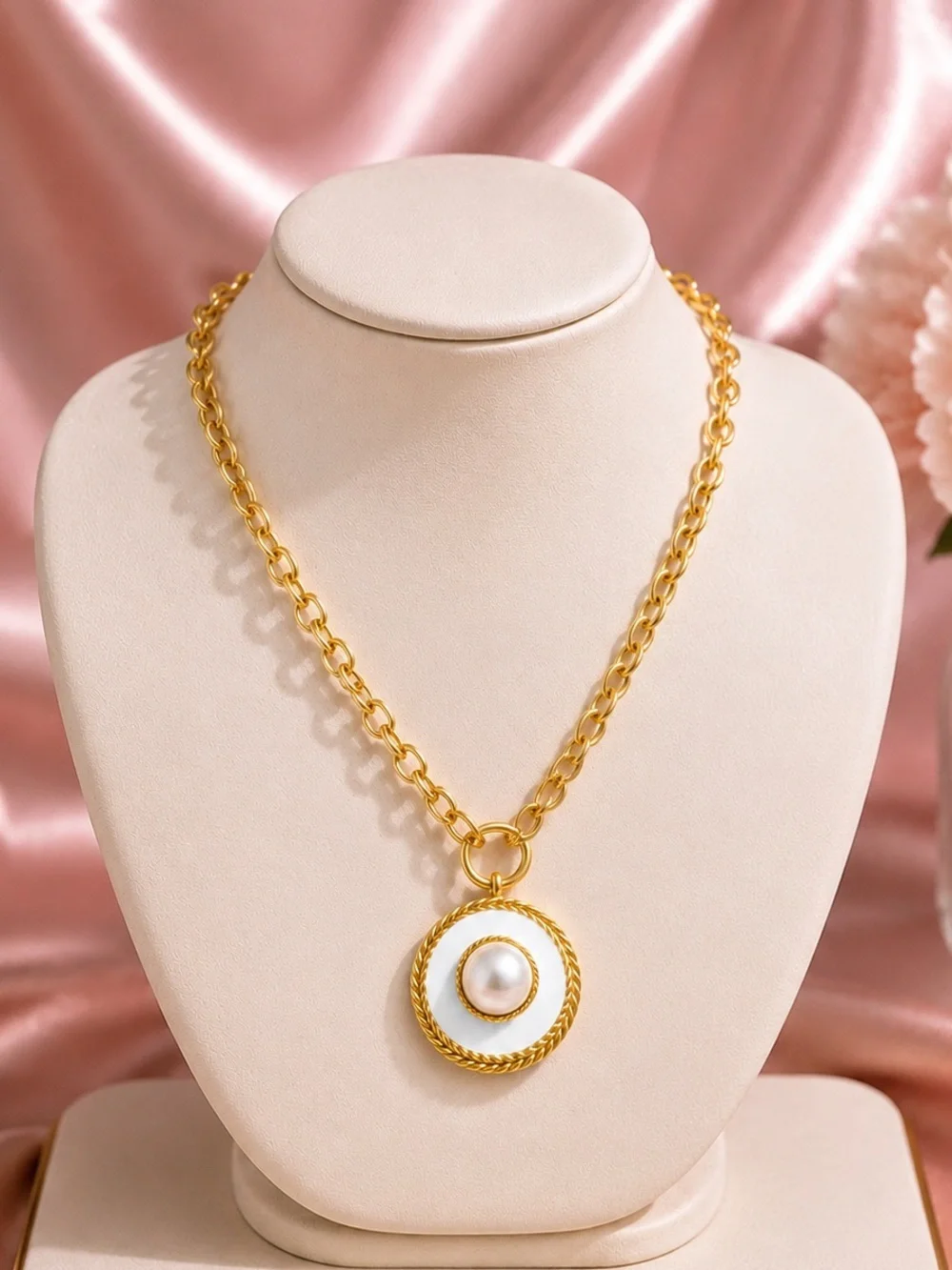 Gold Medallion White Pearl Circle Necklace